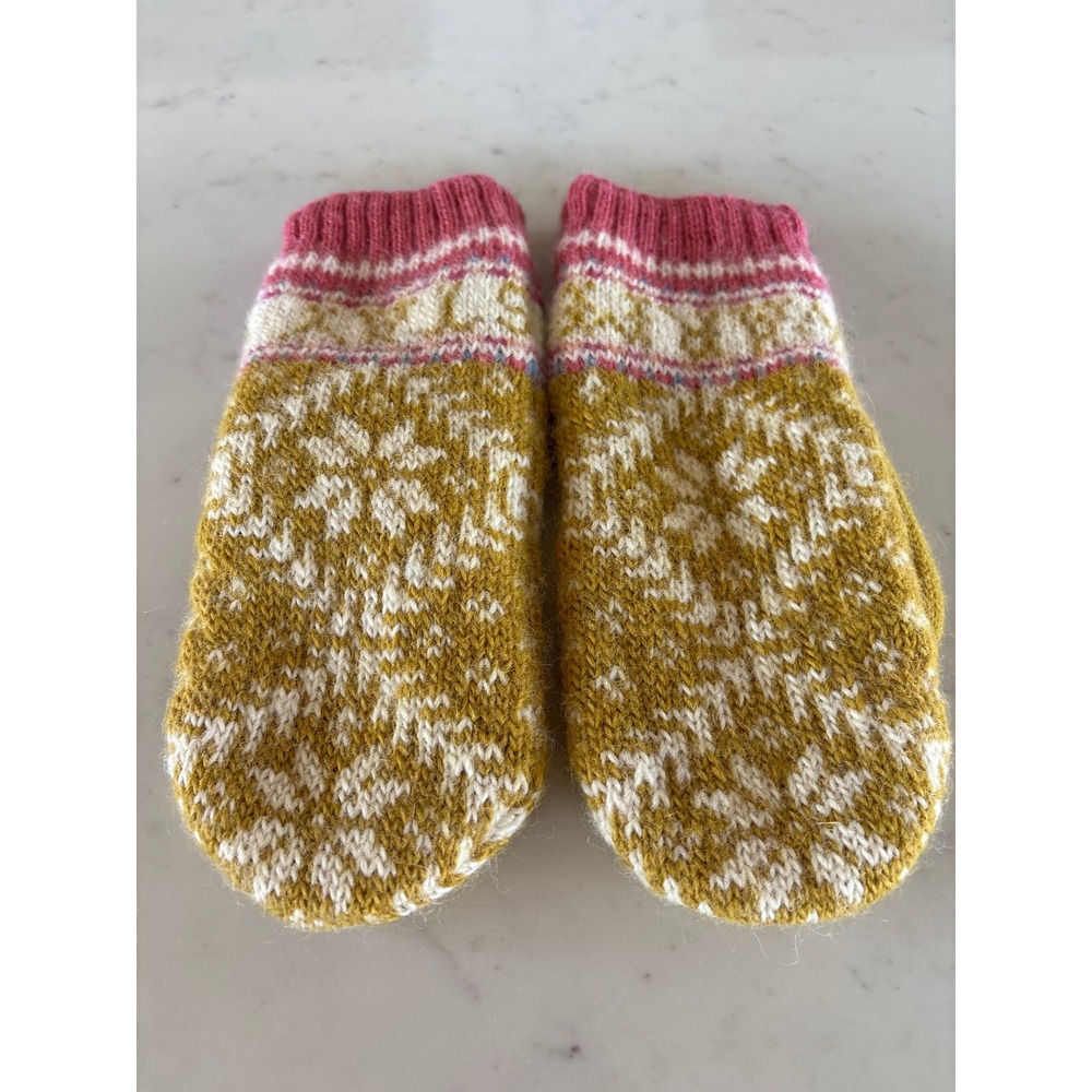 French Knot Wool Mittens Fleece Lined Fair Isle Snowflake Mustard Pink Nepal